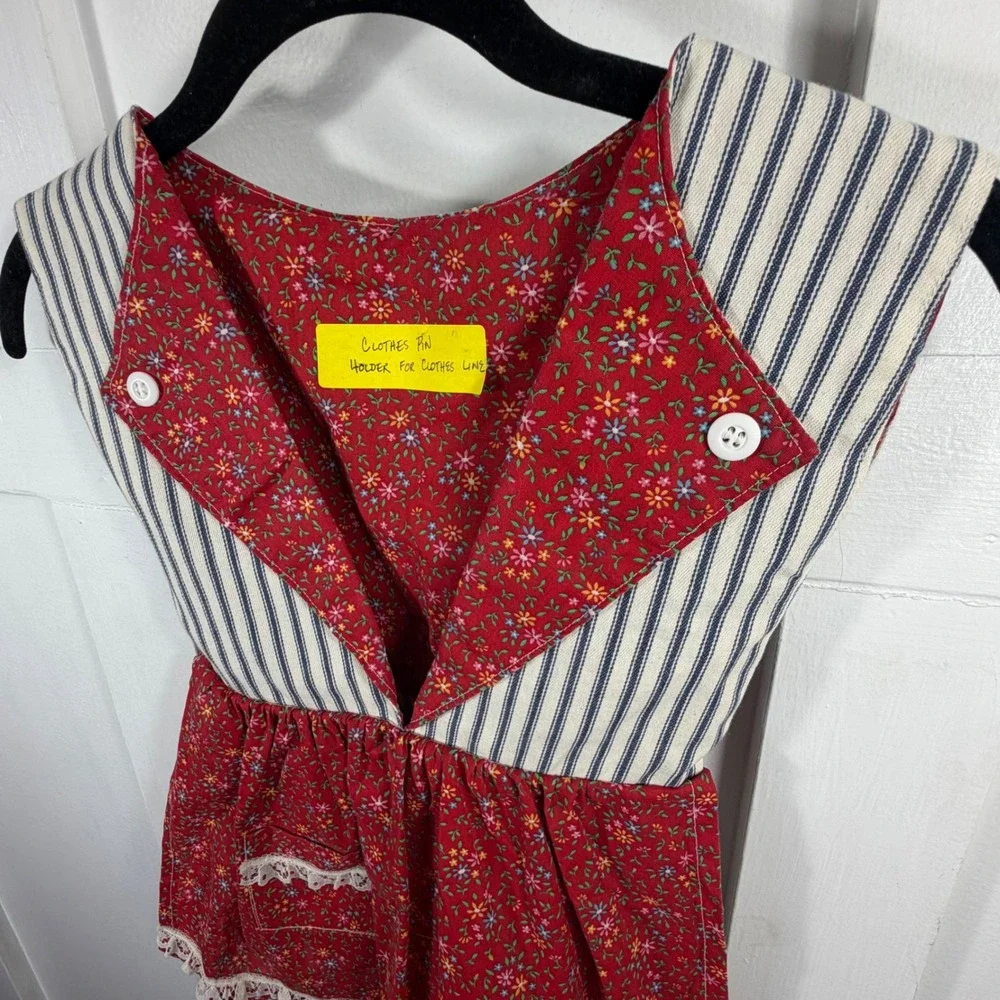 Handmade Vintage Style Clothespin Holder Apron Red Floral Ticking Stripe Lace